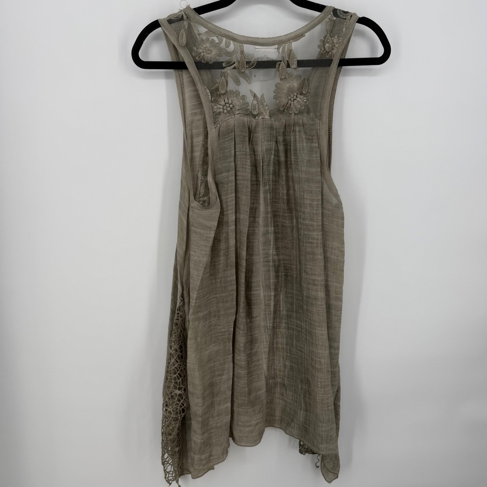 Fleur de Lis Tank Top Women Small Sage Embroidered Sequin Boho Festival Sheer - Picture 7 of 8